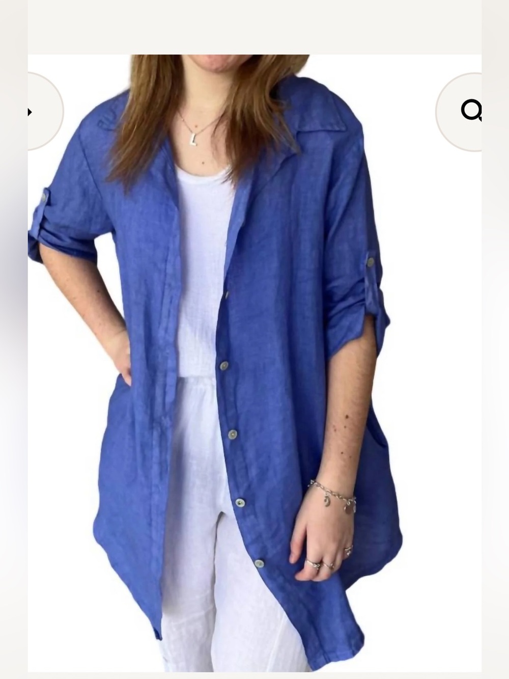 Italian NWT 100% linen buttondown S/M tunic length shirt roll 3/4 length sleeves